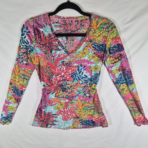 Lilly Pulitzer Tops - Lilly Pulitzer Women's XS Floral Long Sleeve Top Pink Blue Tropical V Neck